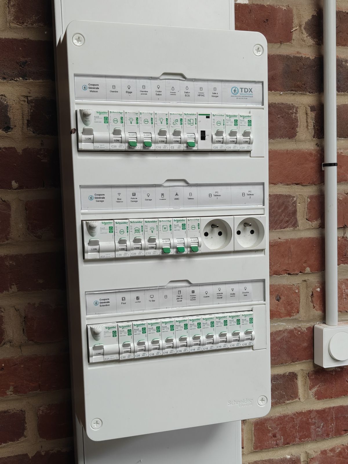 Tableau électrique complet installé sur une GTL, avec étiquetage détaillé par circuit